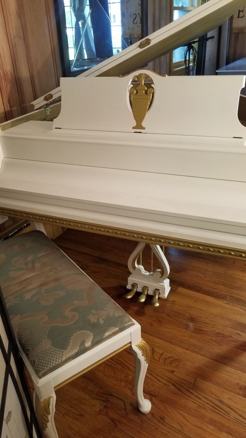 (SOLD) Knabe White Art Case Baby Grand with Gold Trim & Highlights Custom