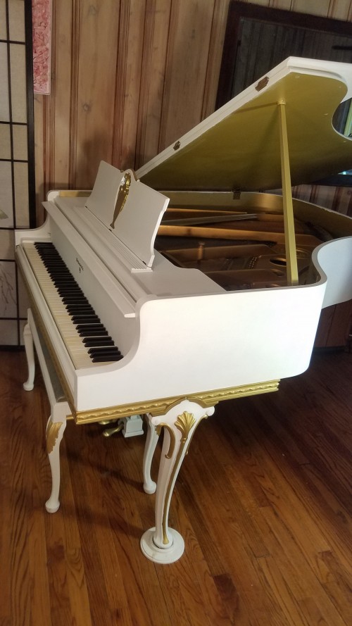 (SOLD) Knabe White Art Case Baby Grand with Gold Trim & Highlights Custom