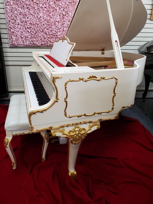 (SOLD)White Gloss Schumann Piano Art Case Queen Anne Style with Gold Trim