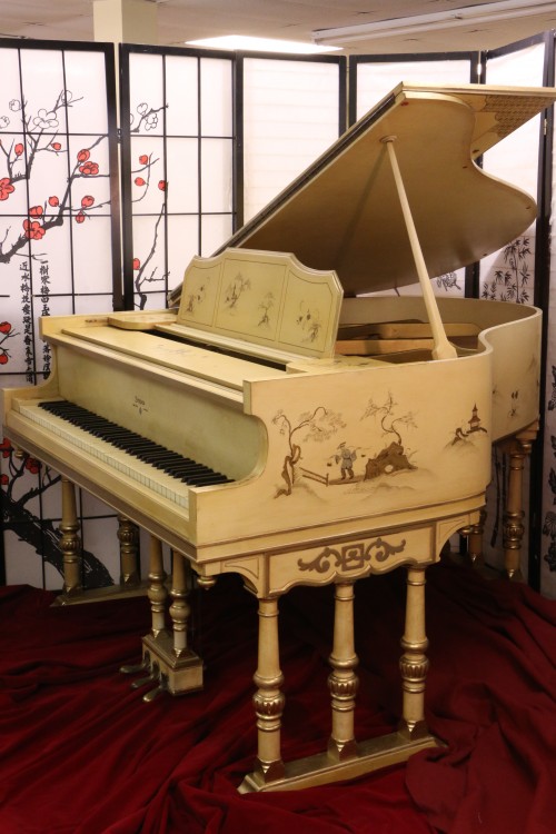 (SOLD) Luxury Piano-Chinoiserie Piano by Stroud  Luxury Art Case  Baby Grand  with  Hand Painted Landscape Scenes Restored
